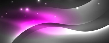 Parlak neon dalgalar, ışık çizgileri soyut arkaplan. Sihirli enerji ve hareket konsepti. Vektör duvar kağıdı şablonu