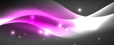 Parlak neon dalgalar, ışık çizgileri soyut arkaplan. Sihirli enerji ve hareket konsepti. Vektör duvar kağıdı şablonu