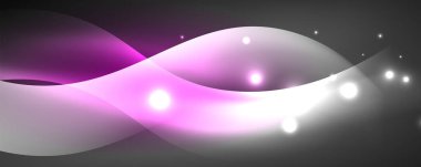 Parlak neon dalgalar, ışık çizgileri soyut arkaplan. Sihirli enerji ve hareket konsepti. Vektör duvar kağıdı şablonu