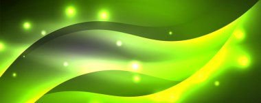 Parlak neon dalgalar, ışık çizgileri soyut arkaplan. Sihirli enerji ve hareket konsepti. Vektör duvar kağıdı şablonu