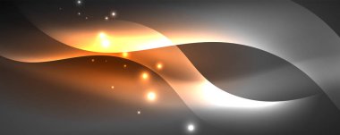 Parlak neon dalgalar, ışık çizgileri soyut arkaplan. Sihirli enerji ve hareket konsepti. Vektör duvar kağıdı şablonu