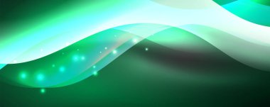 Parlak neon dalgalar, ışık çizgileri soyut arkaplan. Sihirli enerji ve hareket konsepti. Vektör duvar kağıdı şablonu