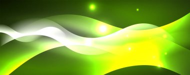 Parlak neon dalgalar, ışık çizgileri soyut arkaplan. Sihirli enerji ve hareket konsepti. Vektör duvar kağıdı şablonu