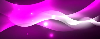 Parlak neon dalgalar, ışık çizgileri soyut arkaplan. Sihirli enerji ve hareket konsepti. Vektör duvar kağıdı şablonu