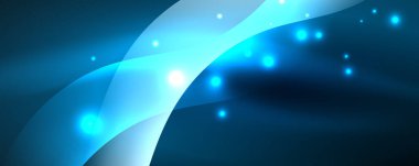 Parlak neon dalgalar, ışık çizgileri soyut arkaplan. Sihirli enerji ve hareket konsepti. Vektör duvar kağıdı şablonu