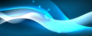 Parlak neon dalgalar, ışık çizgileri soyut arkaplan. Sihirli enerji ve hareket konsepti. Vektör duvar kağıdı şablonu