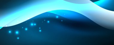 Parlak neon dalgalar, ışık çizgileri soyut arkaplan. Sihirli enerji ve hareket konsepti. Vektör duvar kağıdı şablonu