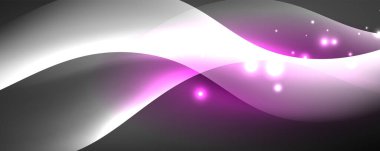 Parlak neon dalgalar, ışık çizgileri soyut arkaplan. Sihirli enerji ve hareket konsepti. Vektör duvar kağıdı şablonu