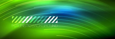 Neon parlayan çizgiler, sihirli enerji ve ışık hareketi arka planı. Vektör duvar kağıdı şablonu