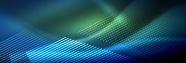 Neon parlayan çizgiler, sihirli enerji ve ışık hareketi arka planı. Vektör duvar kağıdı şablonu