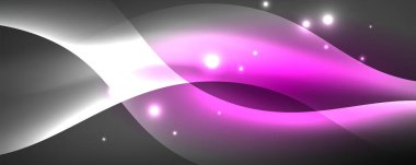 Parlak neon dalgalar, ışık çizgileri soyut arkaplan. Sihirli enerji ve hareket konsepti. Vektör duvar kağıdı şablonu