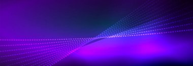 Parlak ışık dalga çizgisi parçacıkları olan parlak bir arkaplan. Duvar kağıdı arkaplanı, iş ve teknoloji sunumları için tasarım şablonları, İnternet posterleri veya web broşürü kapakları