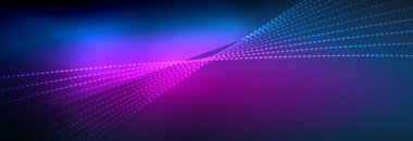 Parlak ışık dalga çizgisi parçacıkları olan parlak bir arkaplan. Duvar kağıdı arkaplanı, iş ve teknoloji sunumları için tasarım şablonları, İnternet posterleri veya web broşürü kapakları