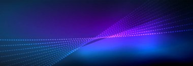 Parlak ışık dalga çizgisi parçacıkları olan parlak bir arkaplan. Duvar kağıdı arkaplanı, iş ve teknoloji sunumları için tasarım şablonları, İnternet posterleri veya web broşürü kapakları