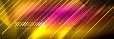 Neon parlayan çizgiler, sihirli enerji ve ışık hareketi arka planı. Vektör duvar kağıdı şablonu