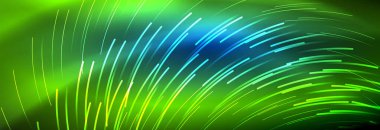 Neon parlayan çizgiler, sihirli enerji ve ışık hareketi arka planı. Vektör duvar kağıdı şablonu