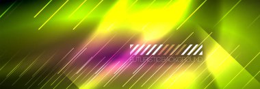 Neon parlayan çizgiler, sihirli enerji ve ışık hareketi arka planı. Vektör duvar kağıdı şablonu