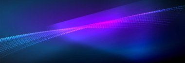 Parlak ışık dalga çizgisi parçacıkları olan parlak bir arkaplan. Duvar kağıdı arkaplanı, iş ve teknoloji sunumları için tasarım şablonları, İnternet posterleri veya web broşürü kapakları