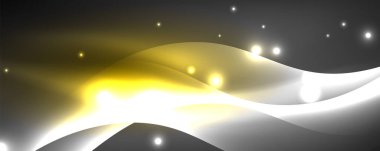 Parlak neon dalgalar, ışık çizgileri soyut arkaplan. Sihirli enerji ve hareket konsepti. Vektör duvar kağıdı şablonu