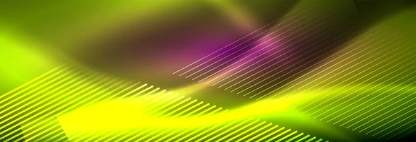 Líneas brillantes de neón, energía mágica y fondo de movimiento de luz. Plantilla de papel pintado vectorial — Vector de stock
