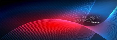 Karanlıkta dalgalarla parlayan soyut neon ışığı. Parlak sihirli enerji ve hareket konsepti, vektör soyut duvar kağıdı arkaplanı