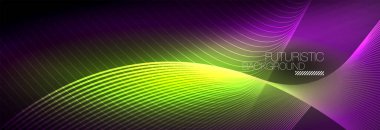 Karanlıkta dalgalarla parlayan soyut neon ışığı. Parlak sihirli enerji ve hareket konsepti, vektör soyut duvar kağıdı arkaplanı