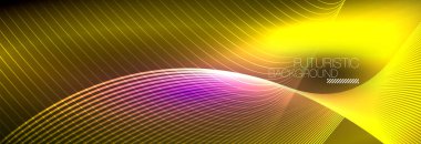 Karanlıkta dalgalarla parlayan soyut neon ışığı. Parlak sihirli enerji ve hareket konsepti, vektör soyut duvar kağıdı arkaplanı