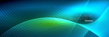 Karanlıkta dalgalarla parlayan soyut neon ışığı. Parlak sihirli enerji ve hareket konsepti, vektör soyut duvar kağıdı arkaplanı