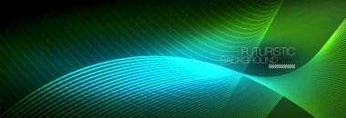 Karanlıkta dalgalarla parlayan soyut neon ışığı. Parlak sihirli enerji ve hareket konsepti, vektör soyut duvar kağıdı arkaplanı