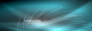 Neon parlayan çizgiler, sihirli enerji ve ışık hareketi arka planı. Vektör duvar kağıdı şablonu