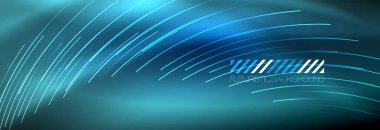 Neon parlayan çizgiler, sihirli enerji ve ışık hareketi arka planı. Vektör duvar kağıdı şablonu