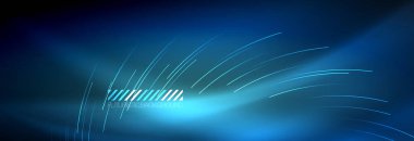 Neon parlayan çizgiler, sihirli enerji ve ışık hareketi arka planı. Vektör duvar kağıdı şablonu