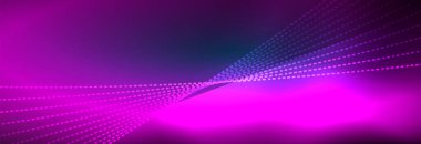 Parlak ışık dalga çizgisi parçacıkları olan parlak bir arkaplan. Duvar kağıdı arkaplanı, iş ve teknoloji sunumları için tasarım şablonları, İnternet posterleri veya web broşürü kapakları