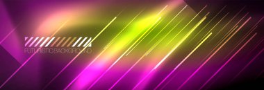 Neon parlayan çizgiler, sihirli enerji ve ışık hareketi arka planı. Vektör duvar kağıdı şablonu