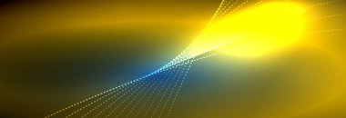 Parlak ışık dalga çizgisi parçacıkları olan parlak bir arkaplan. Duvar kağıdı arkaplanı, iş ve teknoloji sunumları için tasarım şablonları, İnternet posterleri veya web broşürü kapakları