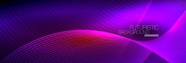 Karanlıkta dalgalarla parlayan soyut neon ışığı. Parlak sihirli enerji ve hareket konsepti, vektör soyut duvar kağıdı arkaplanı