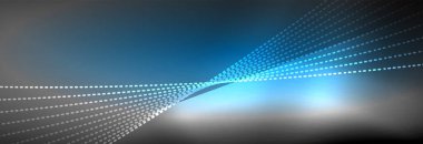 Parlak ışık dalga çizgisi parçacıkları olan parlak bir arkaplan. Duvar kağıdı arkaplanı, iş ve teknoloji sunumları için tasarım şablonları, İnternet posterleri veya web broşürü kapakları