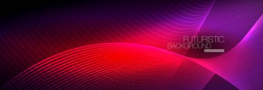 Karanlıkta dalgalarla parlayan soyut neon ışığı. Parlak sihirli enerji ve hareket konsepti, vektör soyut duvar kağıdı arkaplanı