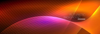 Karanlıkta dalgalarla parlayan soyut neon ışığı. Parlak sihirli enerji ve hareket konsepti, vektör soyut duvar kağıdı arkaplanı