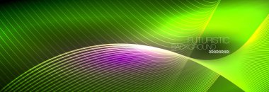 Karanlıkta dalgalarla parlayan soyut neon ışığı. Parlak sihirli enerji ve hareket konsepti, vektör soyut duvar kağıdı arkaplanı