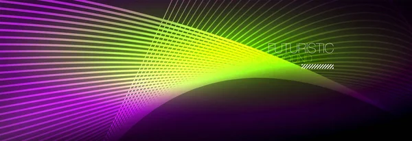Abstract neon gloeiend licht in het donker met golven. Glanzende magische energie en beweging concept, vector abstract behang achtergrond — Stockvector