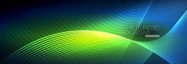 Karanlıkta dalgalarla parlayan soyut neon ışığı. Parlak sihirli enerji ve hareket konsepti, vektör soyut duvar kağıdı arkaplanı