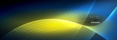 Karanlıkta dalgalarla parlayan soyut neon ışığı. Parlak sihirli enerji ve hareket konsepti, vektör soyut duvar kağıdı arkaplanı