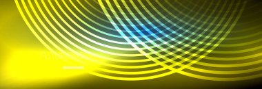 Parlayan neon halkaları olan koyu soyut bir arka plan. İş ya da teknoloji sunumu, İnternet posteri ya da web broşürü kapağı, duvar kağıdı için modaya uygun tasarım şablonu