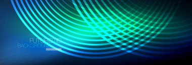 Parlayan neon halkaları olan koyu soyut bir arka plan. İş ya da teknoloji sunumu, İnternet posteri ya da web broşürü kapağı, duvar kağıdı için modaya uygun tasarım şablonu