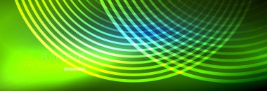 Parlayan neon halkaları olan koyu soyut bir arka plan. İş ya da teknoloji sunumu, İnternet posteri ya da web broşürü kapağı, duvar kağıdı için modaya uygun tasarım şablonu