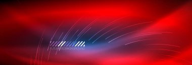 Neon parlayan çizgiler, sihirli enerji ve ışık hareketi arka planı. Vektör duvar kağıdı şablonu