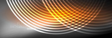 Parlayan neon halkaları olan koyu soyut bir arka plan. İş ya da teknoloji sunumu, İnternet posteri ya da web broşürü kapağı, duvar kağıdı için modaya uygun tasarım şablonu