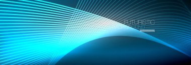 Karanlıkta dalgalarla parlayan soyut neon ışığı. Parlak sihirli enerji ve hareket konsepti, vektör soyut duvar kağıdı arkaplanı