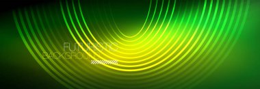 Parlayan neon halkaları olan koyu soyut bir arka plan. İş ya da teknoloji sunumu, İnternet posteri ya da web broşürü kapağı, duvar kağıdı için modaya uygun tasarım şablonu